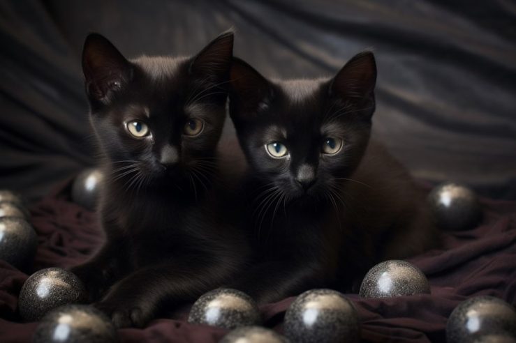 Photorealistic artwork of two black kittens. AI image: “Kitties &amp; Spheres” by Dale Innis on Midjourney.