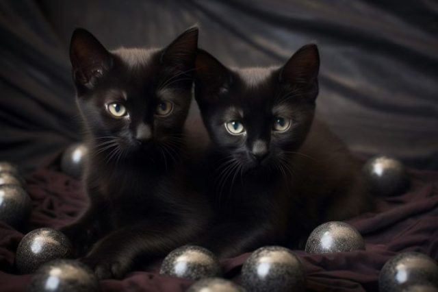 Photorealistic artwork of two black kittens. AI image: “Kitties &amp; Spheres” by Dale Innis on Midjourney.